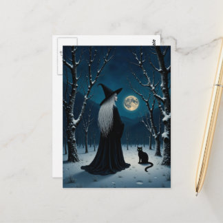 Witch and Black Cat in the Winter Forest Postcard