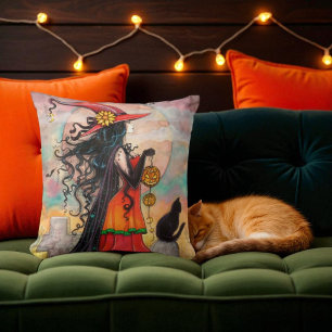 Witch and Black Cat Pillow for Halloween