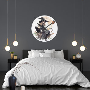 Witch and Black Cat with Harvest Moon and Ravens Round Clock