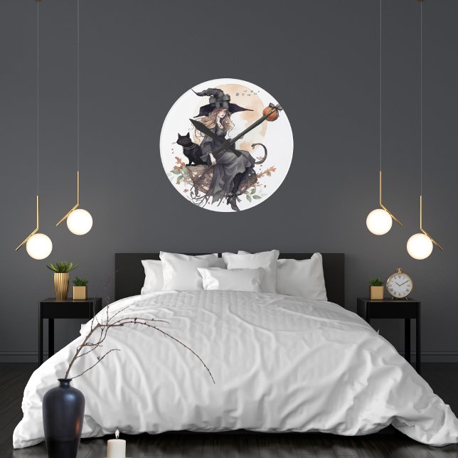 Witch and Black Cat with Harvest Moon and Ravens Round Clock (Pretty Halloween witch and her black cat with pumpkins.  Halloween decorating for spooky season.)