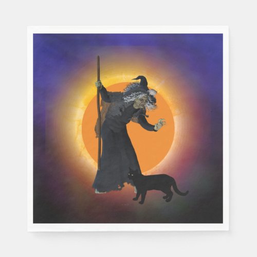 Witch and Black Cat with Orange Moon Napkins