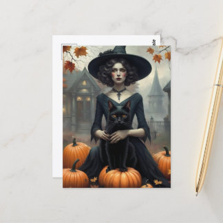 Witch and Black Cat With Pumpkins Postcard