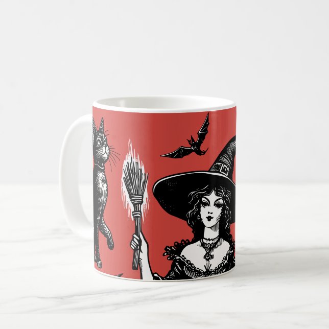Witch and Black Cats Witchy Illustration Coffee Mug (Front Left)