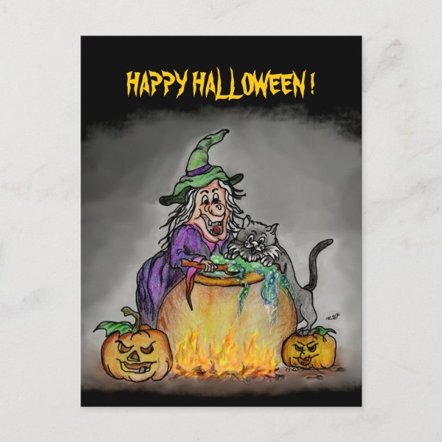 Witch and cat, Happy Halloween! Postcard (Front)