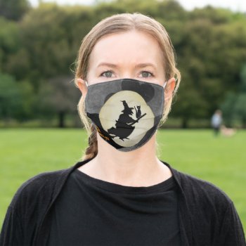 Witch And Cat On Broomstick Adult Cloth Face Mask by Crazy_Card_Lady at Zazzle