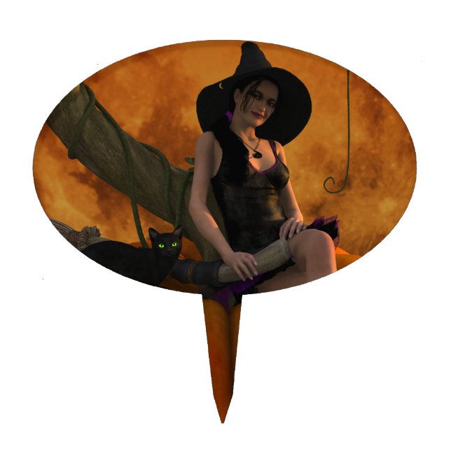 Witch and Cat on Giant Pumpkin  Cake Topper (Front)
