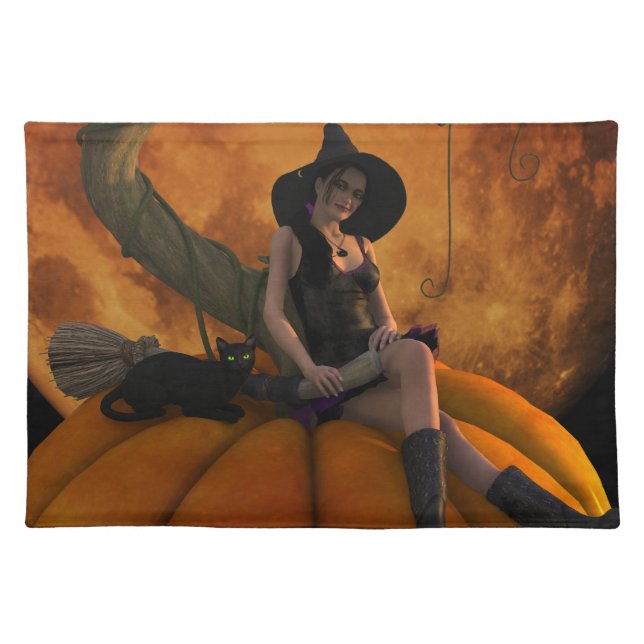 Witch and Cat on Giant Pumpkin  Cloth Placemat (Front)