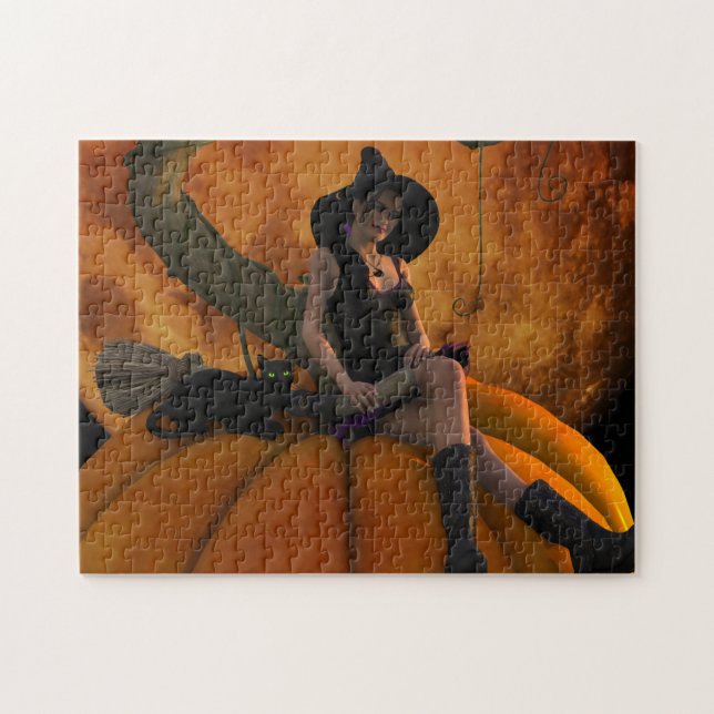Witch and Cat on Giant Pumpkin  Jigsaw Puzzle (Horizontal)