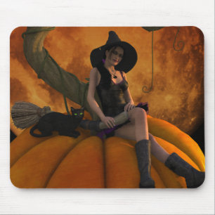 Witch and Cat on Giant Pumpkin  Mouse Pad