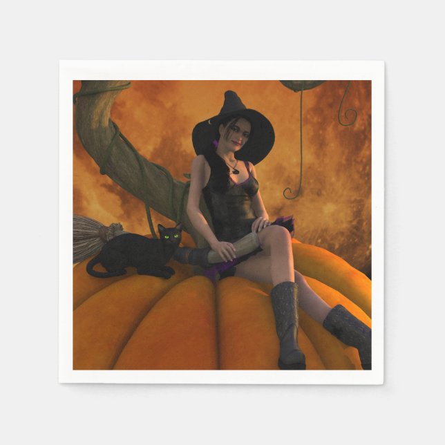 Witch and Cat on Giant Pumpkin  Paper Napkins (Front)