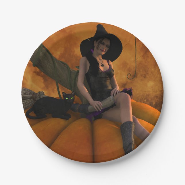 Witch and Cat on Giant Pumpkin  Paper Plates (Front)