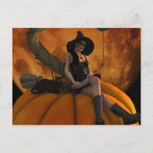 Witch and Cat on Giant Pumpkin Postcard
