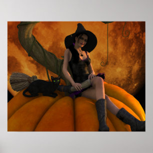 Witch and Cat on Giant Pumpkin Poster