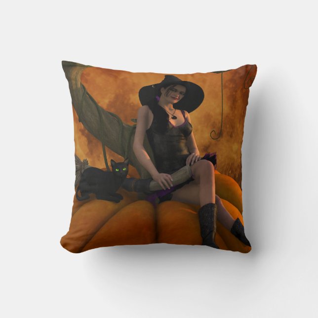 Witch and Cat on Giant Pumpkin  Throw Pillow (Front)