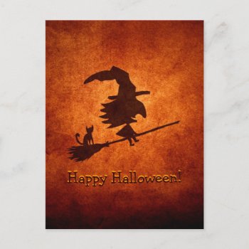 Witch And Cat Silhouette Flying On Broomstick Postcard by tashatzazzle at Zazzle