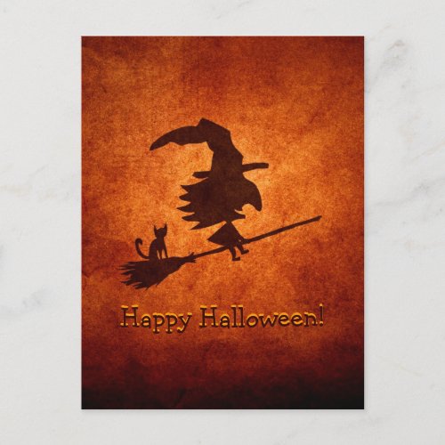 Witch and Cat Silhouette Flying on Broomstick Postcard