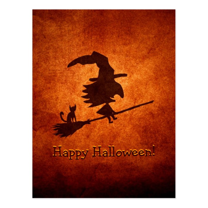 Witch and Cat Silhouette Flying on Broomstick Postcards