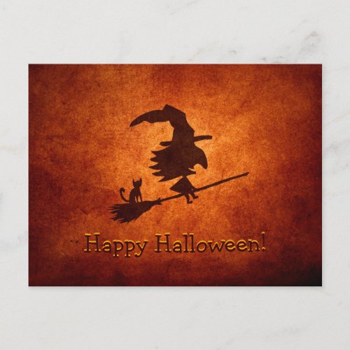 Witch and Cat Silhouette Flying on Broomstick Postcard