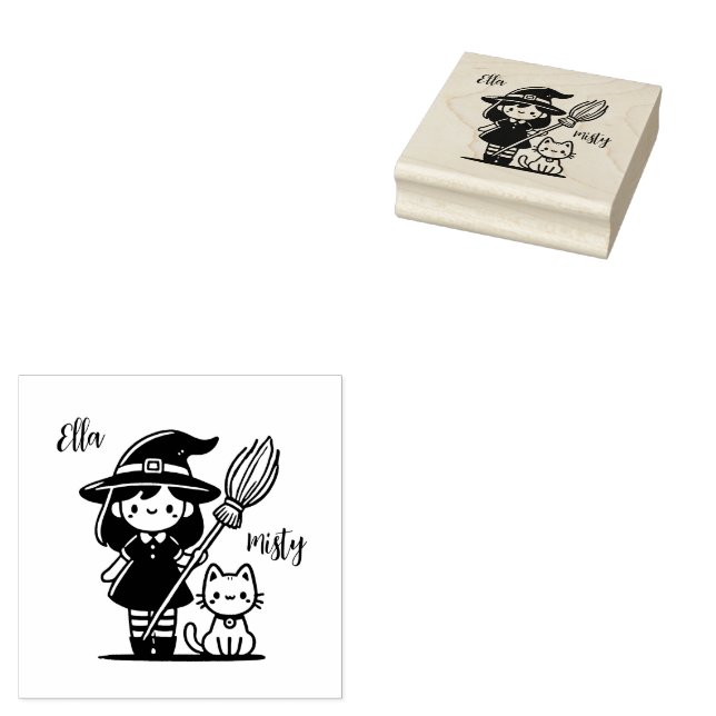 Witch and Cat Stamp - Customize with your names! (Stamped)