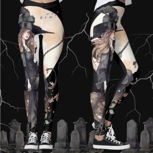 Witch and Cat with Harvest Moon and Ravens Leggings