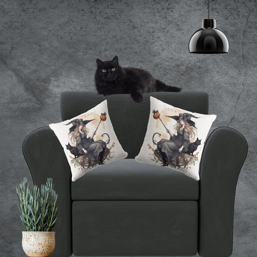 Witch and Cat with Harvest Moon and Ravens Throw Pillow