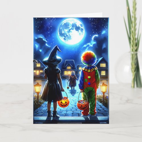 Witch and Clown looking at a Monster Halloween Card