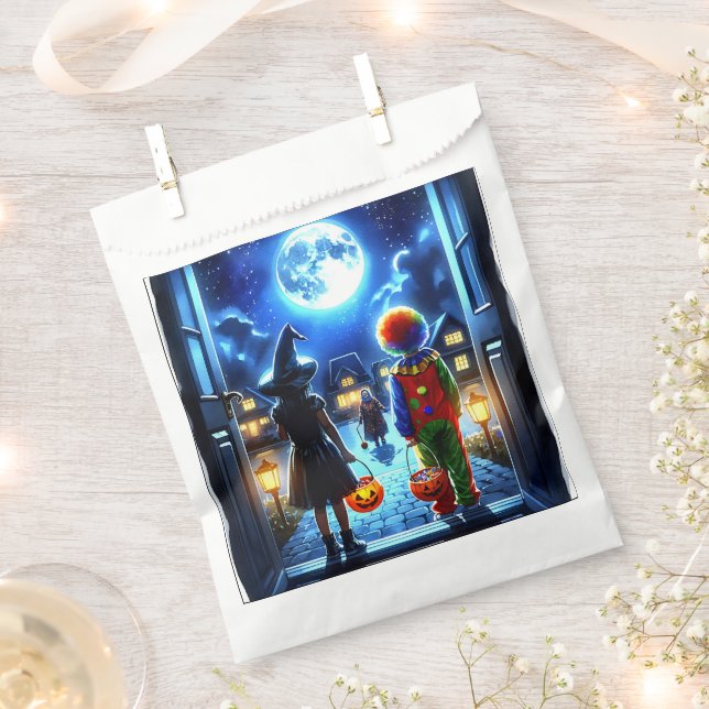 Witch and Clown looking at a Monster Halloween Favor Bag (Clipped)