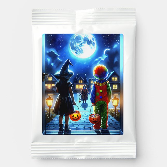 Witch and Clown looking at a Monster Halloween Hot Chocolate Drink Mix (Front)