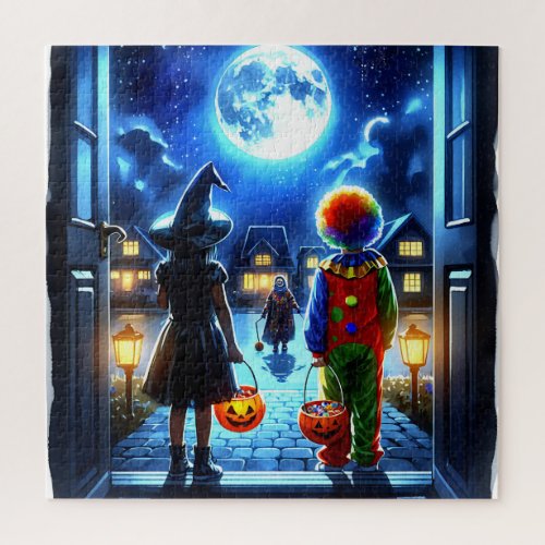 Witch and Clown looking at a Monster Halloween Jigsaw Puzzle