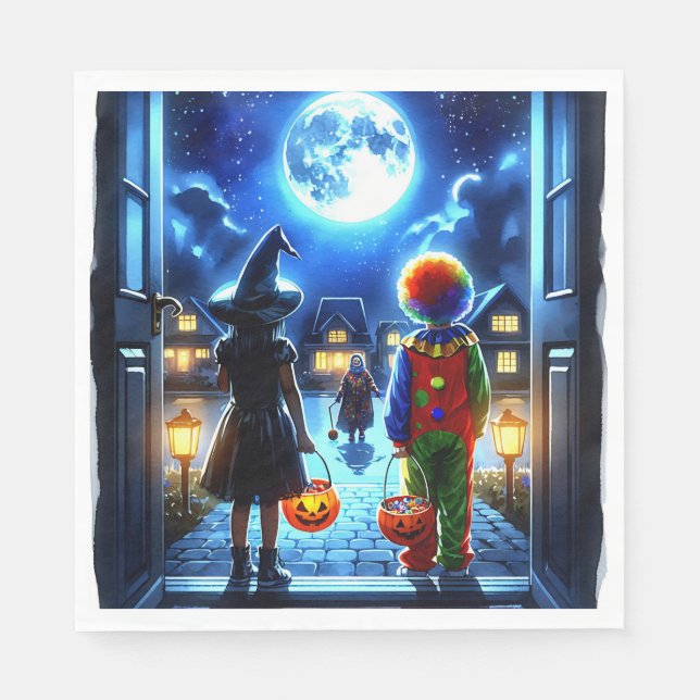 Witch and Clown looking at a Monster Halloween Napkins (Front)