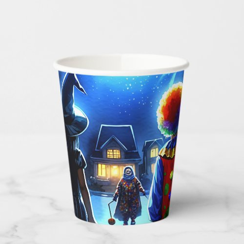 Witch and Clown looking at a Monster Halloween Paper Cups