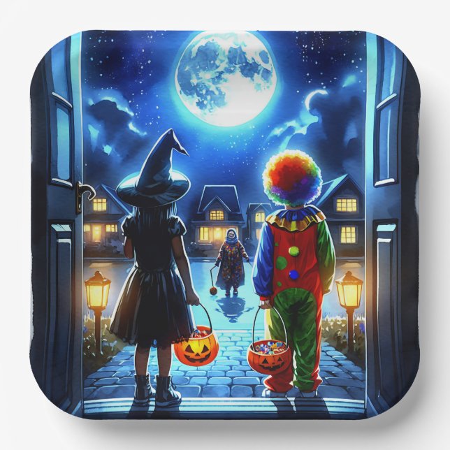 Witch and Clown looking at a Monster Halloween Paper Plates (Front)