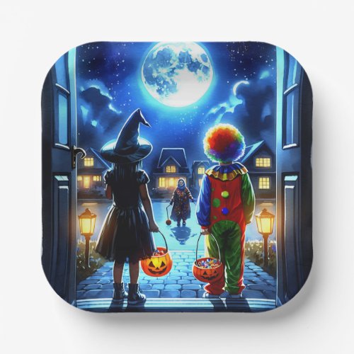 Witch and Clown looking at a Monster Halloween Paper Plates