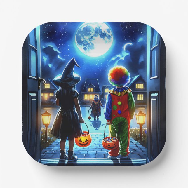 Witch and Clown looking at a Monster Halloween Paper Plates (Front)