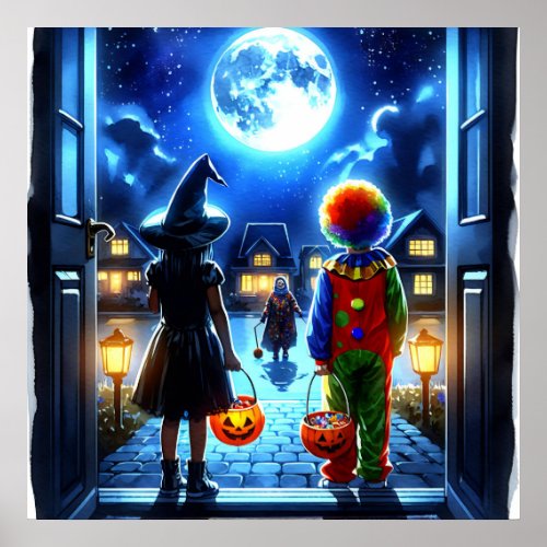 Witch and Clown looking at a Monster Halloween Poster