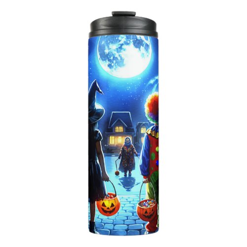 Witch and Clown looking at a Monster Halloween Thermal Tumbler
