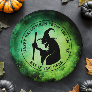 Witch and custom text green black Halloween Paper Plates