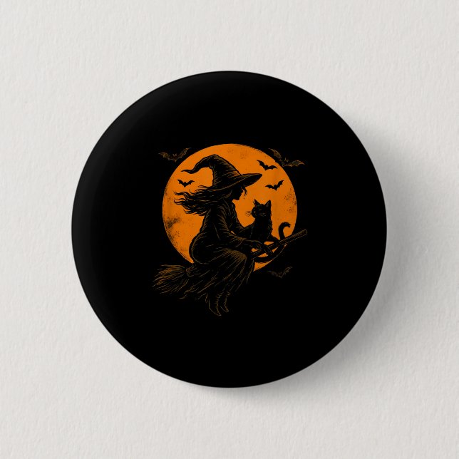 Witch And Cute Cat Black Kitten For Halloween Cost Button (Front)