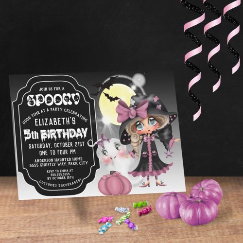 Witch and Ghost Girls Halloween 5th Birthday   Invitation