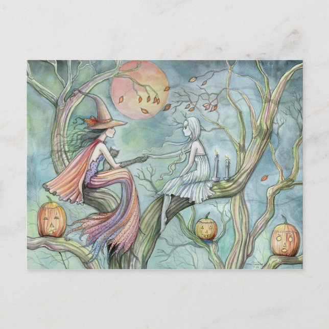Witch and Ghost Halloween Postcard (Front)