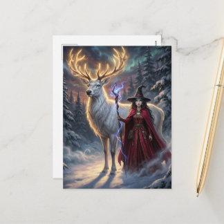 Witch and Giant Reindeer Surreal Winter Holiday Postcard
