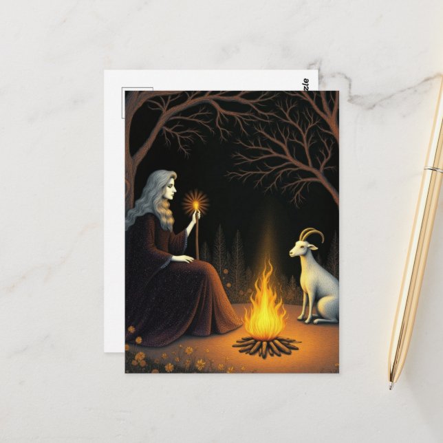Witch and Goat at a Bonfire Postcard (Front/Back In Situ)