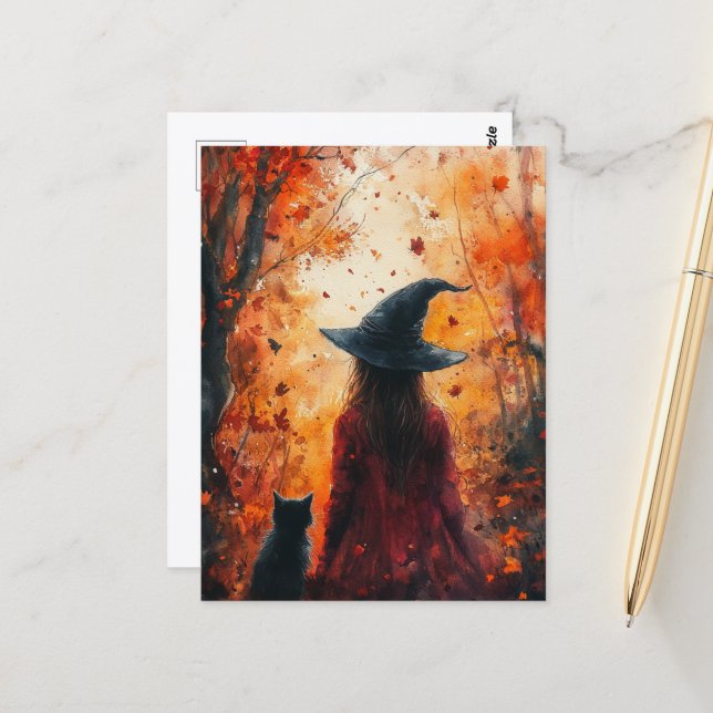 Witch and Her Cat in Autumn Forest Postcard (Front/Back In Situ)