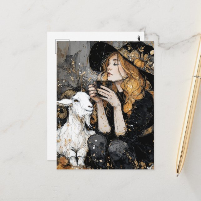 Witch and Her Goat Morning Coffee Postcard (Front/Back In Situ)