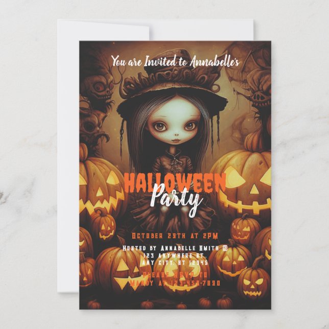 Witch and Jack-O' Lanterns Halloween Party Invitation (Front)