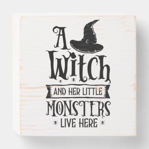 Witch and Little Monsters Wooden Box Sign