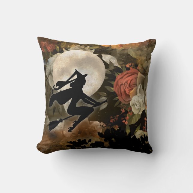 Witch and Moon Floral Throw Pillow (Front)