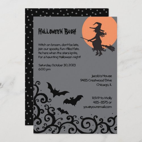 Witch and Moon Halloween Adult Costume Party Bats  Invitation