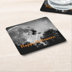 Witch and Moon Halloween Customizable Square Paper Coaster