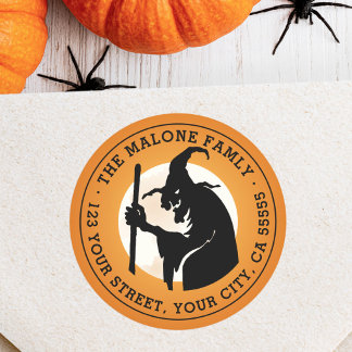 Witch and moon Halloween orange return address Classic Round Sticker